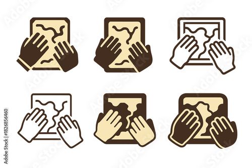 Antique Map Icons. Antique map restoration process. Icon set. Set Logo of antique map restoration process: archival gloves and preserved document. harmonious