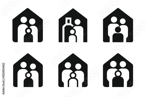 Family Memory Icons. Building family memories. Icon set. Set Logo of Building family memories: home silhouette with family inside. harmonious logo variations