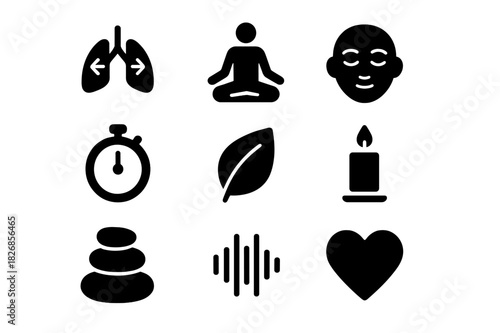 Mindful Breathing Icons. Mindful breathing. Solid icon set of Mindful breathing: lungs icon, breath arrows, meditation pose, calm face, timer, nature leaf,