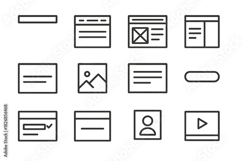 Web Wireframe Icon Set. Web page wireframe mockup. Line icon set of web page wireframe mockup: header, navigation bar, hero image, sidebar, content block,