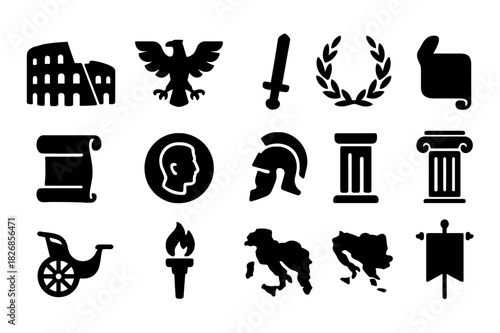 Roman Empire Icons. Roman empire. Solid icon set of Roman empire: coliseum, eagle, sword, laurel wreath, scroll, coin, helmet, column, chariot, torch, map,