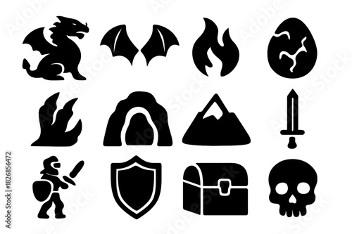 Dragon Icon Set. Dragon Legends. Solid icon set of Dragon Legends: dragon, wings, fire, egg, claw, cave, mountain, sword, knight, shield, treasure chest,