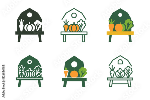 June Market Icons. June farmer?s market. Icon set. Set Logo of June farmer?s market: farm-to-table produce display. harmonious logo variations of the same