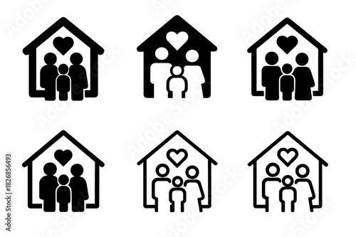 Homeless Family Icons. Homeless family. Icon set. Set Logo of homeless family: home outline with heart. harmonious logo variations of the same emblematic