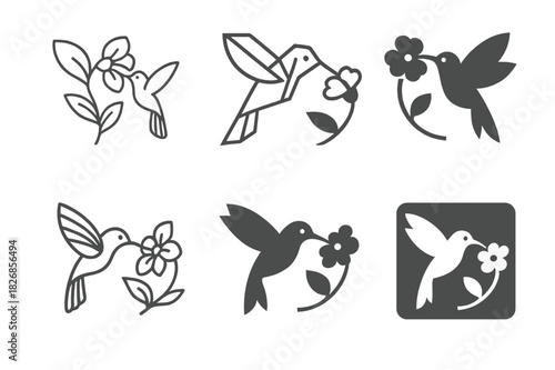 Pollinator Protection Logos. Protecting pollinators. Icon set. Set Logo of protecting pollinators: Hummingbird feeding from flower. harmonious logo variations