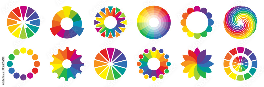 Fototapeta premium Bright circular shapes with rainbow segments and decorative arrangements. Each form shows a unique colorful radial pattern. Dynamic curves create a modern energetic visual style