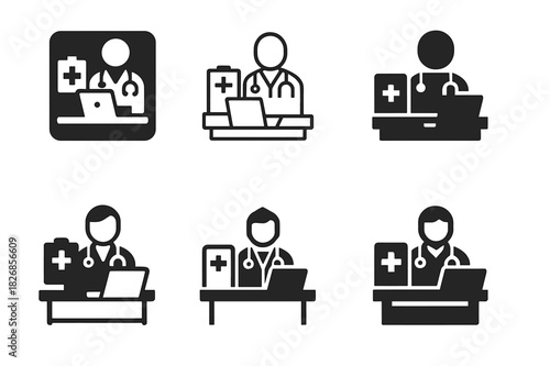 Medical Logo Variations. Doctor working at a hospital desk. Icon set. Set Logo of doctor working at a hospital desk: medical consultation workspace. harmonious