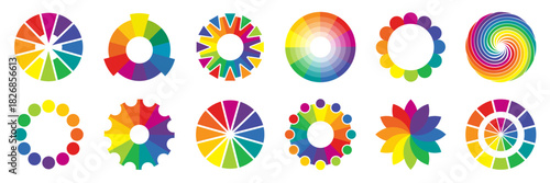 Bright circular shapes with rainbow segments and decorative arrangements. Each form shows a unique colorful radial pattern. Dynamic curves create a modern energetic visual style