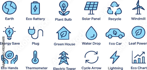 Eco-Friendly Icon Set: A vibrant collection of eco-friendly icons representing sustainability and green energy, perfect for environmental themes and design projects. 