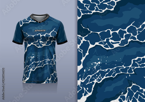 T-shirt mockup abstract texture grunge water sport jersey design for football, soccer, racing, esports, running, white blue color