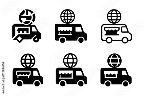 Global Street Food Icons. International street food and snacks. Icon set. Set Logo of International street food and snacks: food truck serving global cuisine.