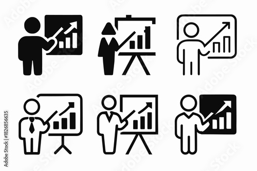 Salesperson Icon Variations. Salesperson. Icon set. Set Logo of salesperson: presentation board with growth bars and pointer. harmonious logo variations of the