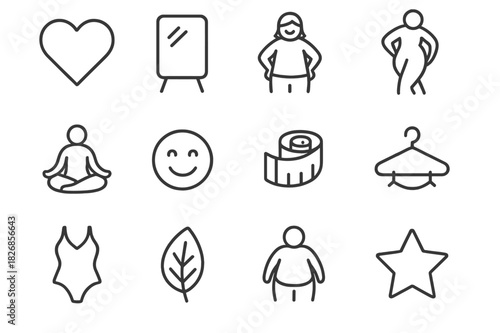 Body Positivity Icons. Body positivity. Line icon set of body positivity: heart, mirror, confident person, curve figure, yoga pose, smiling face, tape measure,
