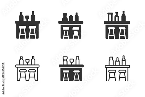 Home Bar Icons. Home bar and entertainment area design. Icon set. Set Logo of home bar and entertainment area design: Bar counter with stools. harmonious logo