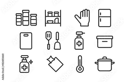 Allergy-Safe Kitchen Icons. Allergy-safe kitchen setup. Line icon set of allergy-safe kitchen setup: labeled containers, separate shelf, gloves, cutting board,
