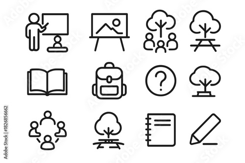 Outdoor Classroom Icons. Outdoor classroom. Line icon set of outdoor classroom: teacher with board, student on log, nature blackboard, group discussion, open