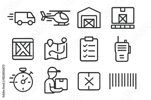 Logistics Line Icons. Rapid response logistics. Line icon set of rapid response logistics: truck, helicopter, warehouse, pallet box, crate, map