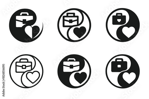 Harmonious Logo Variations. Preventing Burnout and Work-Life Balance. Icon set. Set Logo of Preventing Burnout and Work-Life Balance: yin-yang of briefcase and