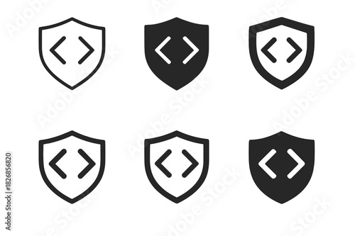 Secure Coding Logos. Secure software development and coding practices. Icon set. Set Logo of secure software development and coding practices: shield with code