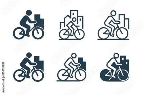 Bicycle Commuter Logos. Person on bicycle. Icon set. Set Logo of person on bicycle: urban commuter riding through city path. harmonious logo variations of the