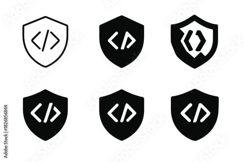 Secure Coding Logos. Secure software development and coding practices. Icon set. Set Logo of secure software development and coding practices: shield with code