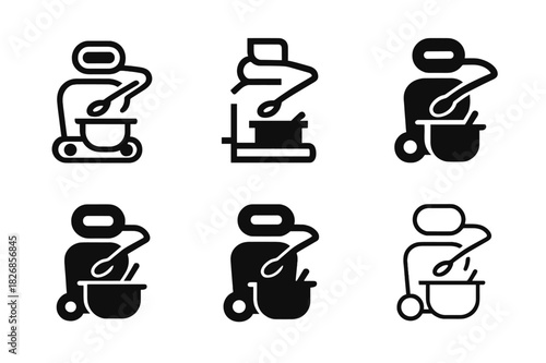Autonomous Robot Logos. Autonomous robots in daily life. Icon set. Set Logo of autonomous robots in daily life: smart kitchen robot. harmonious logo variations