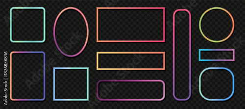 Neon gradient frames with glowing soft colors in various geometric shapes. Smooth edges give each outline a modern bright decorative look