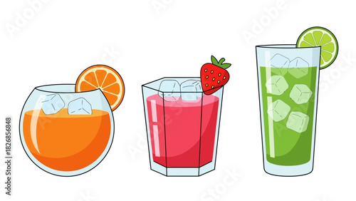 Refreshing and colorful cocktail drinks with fruit garnishes, ice cubes, and vibrant colors for a festive occasion