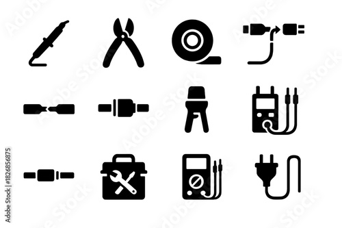 Cable Repair Icons. Cable repair. Solid icon set of Cable repair: soldering iron, wire cutter, electrical tape, connector replacement, cable splice, insulation