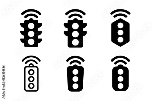 Smart Traffic Light Icons. Smart traffic lights. Icon set. Set Logo of Smart traffic lights: traffic light integrated with Wi-Fi signal. harmonious logo