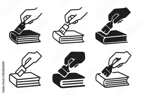 Historic Bookbinding Icons. Historic bookbinding process. Icon set. Set Logo of historic bookbinding process: hand applying glue to spine. harmonious logo