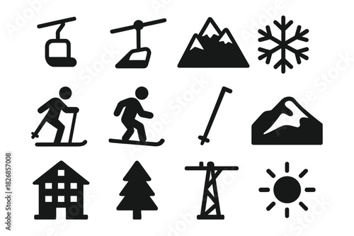 Ski Lift Icons. Ski lifts. Solid icon set of Ski lifts at a snowy mountain resort: ski lift chair, cable line, mountain peak, snowflake, skier, snowboarder,