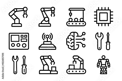 Industrial Robotics Icons. Industrial Robotics. Line icon set of Industrial Robotics: robotic arm, factory robot, conveyor belt, microchip, control panel,