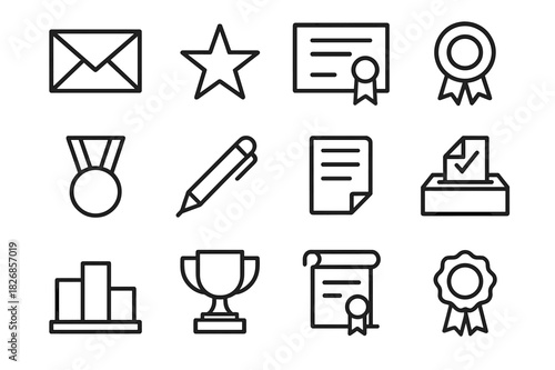 Nominee Kit Icons. Nominee Kit. Line icon set of Nominee Kit: envelope, star, certificate, ribbon, medal, pen, document, ballot, podium, trophy, scroll, seal.
