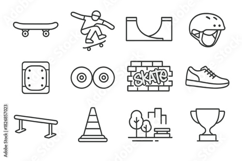 Skateboarding Icon Set. Skateboarding. Line icon set of Skateboarding: skateboard, skater performing trick, half-pipe ramp, helmet, knee pads, skateboard