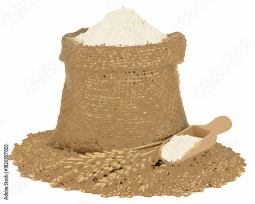 Burlap sack filled with white flour and a wooden scoop on a bed of grains