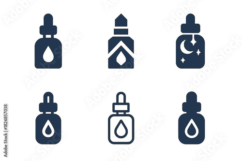 Skincare Icon Set. Creating a night-time skincare routine. Icon set. Set Logo of skincare: dropper bottle and serum. harmonious logo variations of the same