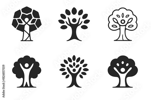 Nature Harmony Icons. Person in nature. Icon set. Set Logo of person in nature: silhouette in tree canopy. harmonious logo variations of the same emblematic