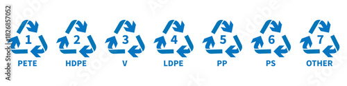 Plastic identification symbols with numbered recycling marks and material abbreviations. Clear geometric arrows show circular reuse movement