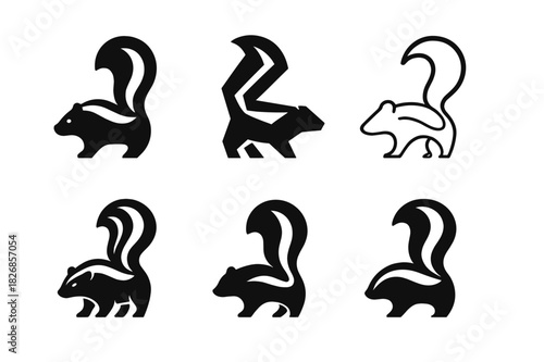 Skunk Logo Variations. Skunk. Icon set. Set Logo of Skunk: abstract skunk stripe design. harmonious logo variations of the same emblematic concept, each with