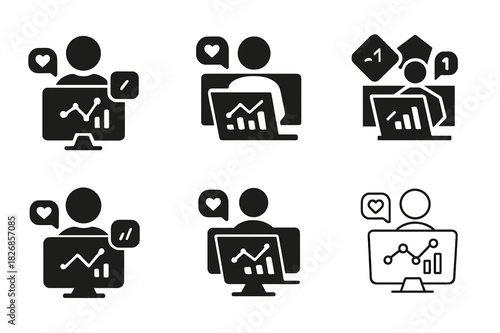 Digital Marketing Logos. A digital marketing expert analyzing social media performance on a computer. Icon set. Set Logo of a digital marketing