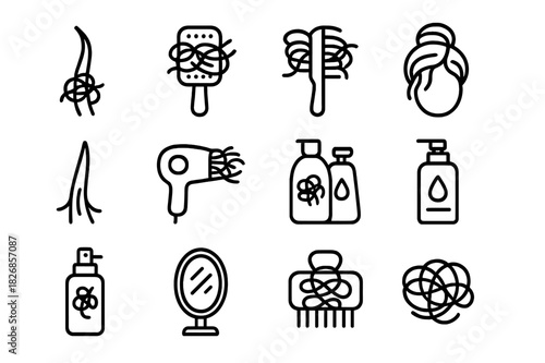 Tangled Hair Icons. Tangled hair. Line icon set of tangled hair: hair strand, brush with knots, comb with hair, messy bun, split ends, hairdryer, shampoo