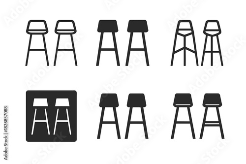 Sleek Bar Stool Icons. A pair of sleek modern stools for a kitchen island or bar. Icon set. Set Logo of modern stools: minimalist bar seating silhouette.