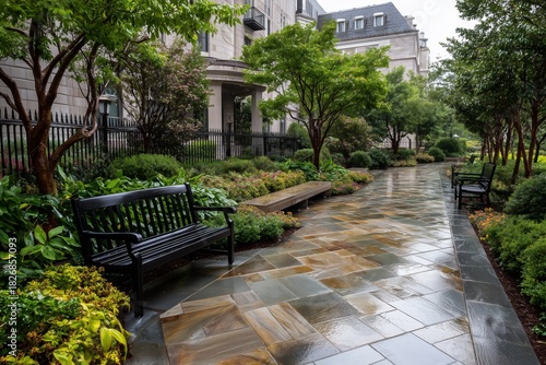 Peaceful Garden Pathway After Rain in a City Courtyard During Early Evening