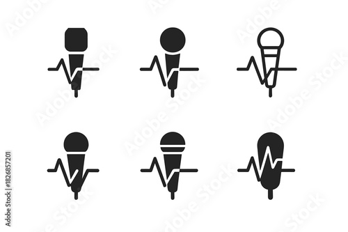 Singing Logo Variations. Singing and voice modulation techniques. Icon set. Set Logo of Singing and voice modulation techniques: microphone and heartbeat line