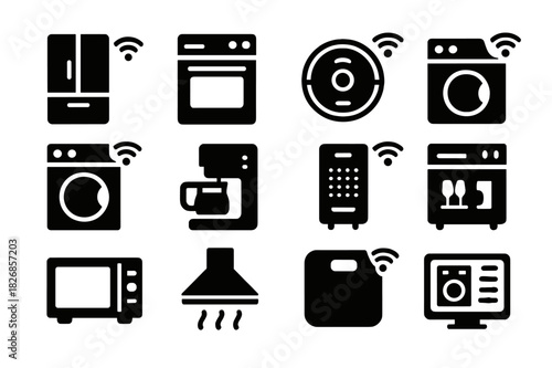 Smart Home Icons. Smart appliances. Solid icon set of Smart appliances: smart fridge, smart oven, robot vacuum, washing machine, dryer, coffee maker, air