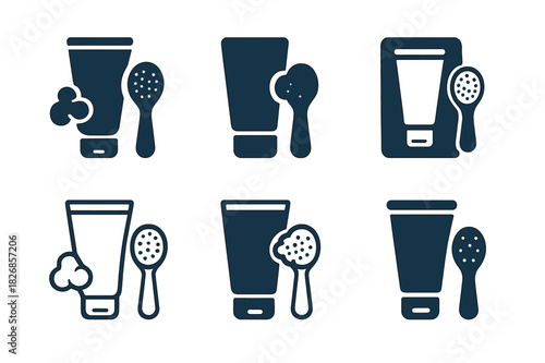 Night Skincare Logos. Creating a night-time skincare routine. Icon set. Set Logo of skincare: cleansing foam and brush. harmonious logo variations of the same