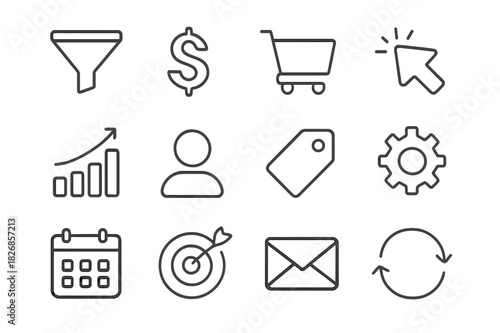 Sales Funnel Icons. Sales funnel. Line icon set of sales funnel: funnel, dollar sign, shopping cart, mouse click, graph, user, tag, gear, calendar, target,
