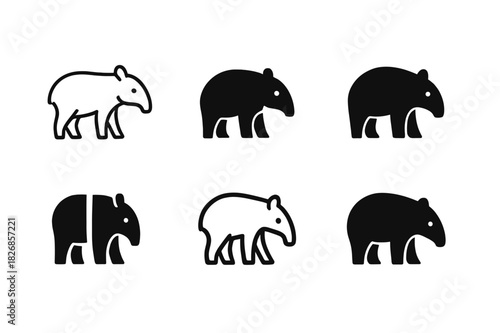 Tapir Logo Variations. Rainforest animals. Icon set. Set Logo of tapir. harmonious logo variations of the same emblematic concept (Minimal outline, Negative