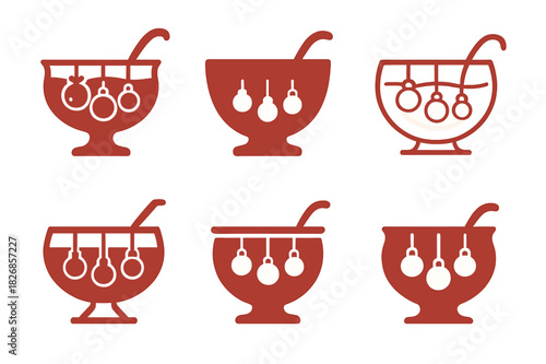 Festive Cocktail Logos. Holiday cocktail ideas for Christmas and New Year. Icon set. Set Logo of holiday cocktail ideas for Christmas and New Year: punch bowl